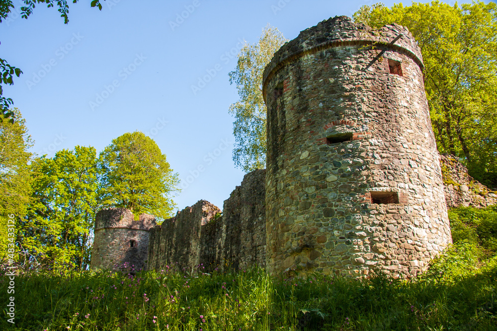 Fototapeta premium Die Ruine Ratzenried, ehemals Oberes Schloss genannt, ist eine Burgruine auf einem 722,3 m ü. NN hohen Bergsporn südöstlich der Ortschaft Ratzenried im Landkreis Ravensburg in Baden-Württemberg.