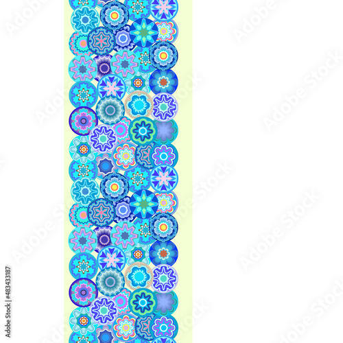 Millefiori - seamless turquoise border. Abstract mosaic pattern with glass different beads. Vector clipart.