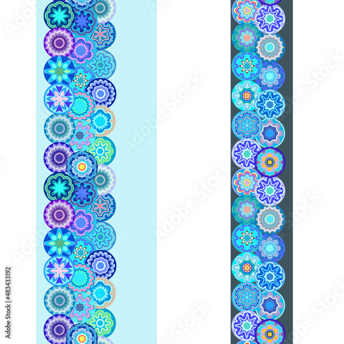 Millefiori - seamless turquoise border. Abstract mosaic pattern with glass different beads. Vector clipart. photo