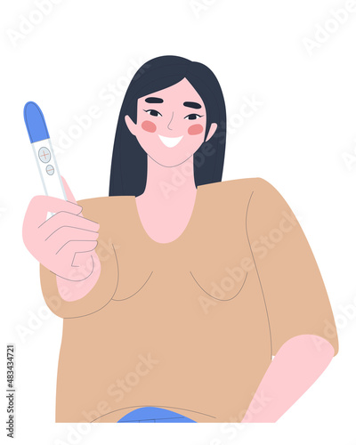 Happy woman with a positive pregnancy test. Planned pregnancy, the joy of motherhood. Flat vector illustration.