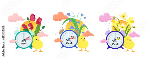 Daylight saving time concepts set. Clocks move forward. Flowers, sun, chick near the clock. Spring clock change.
