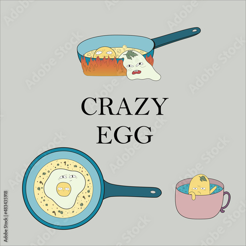 Vector illustration of a weird scrambled egg that doesn't want to be cooked. The egg tries to get out of the pan and cup. This print can be used for wallpaper, clothes, cards and other
