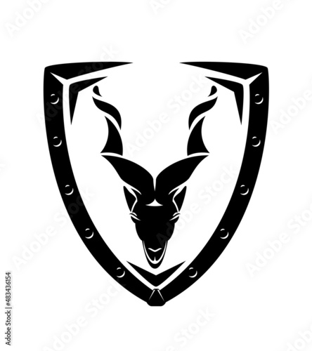 iron studded heraldic shield with screw horn mountain goat head for security concept - Pakistan markhor looking forward black and white vector coat of arms design photo