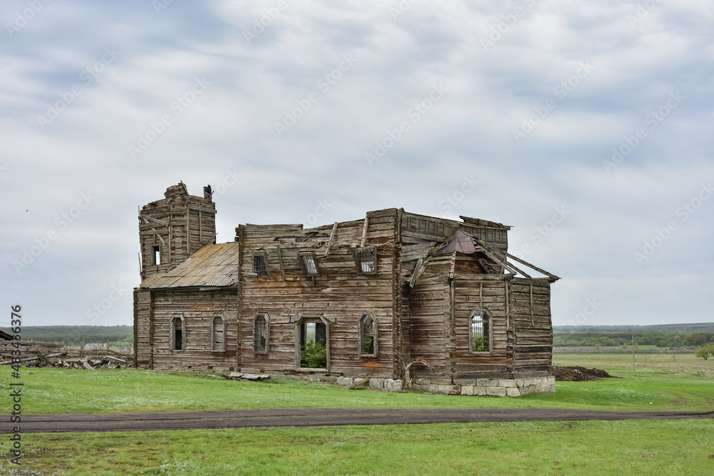 abandoned wooden church, ruined wooden temple, wooden abandonment