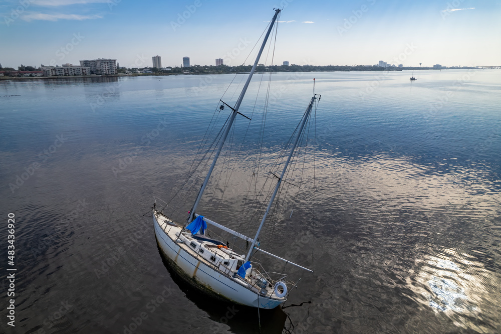 Aerial drone view of a sinking sailboat in the Halifax River