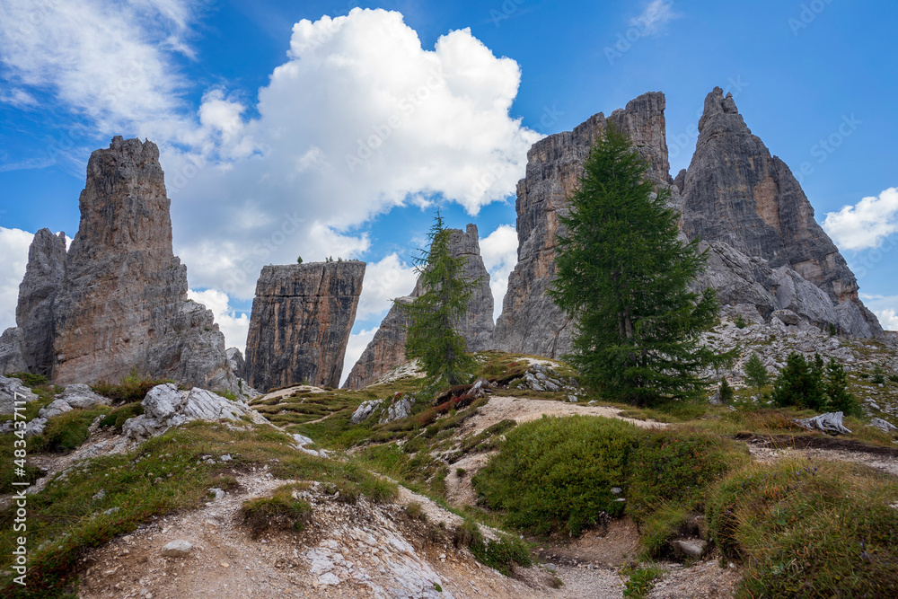 A view of the Cinque Torri famous place in the Dolomites.