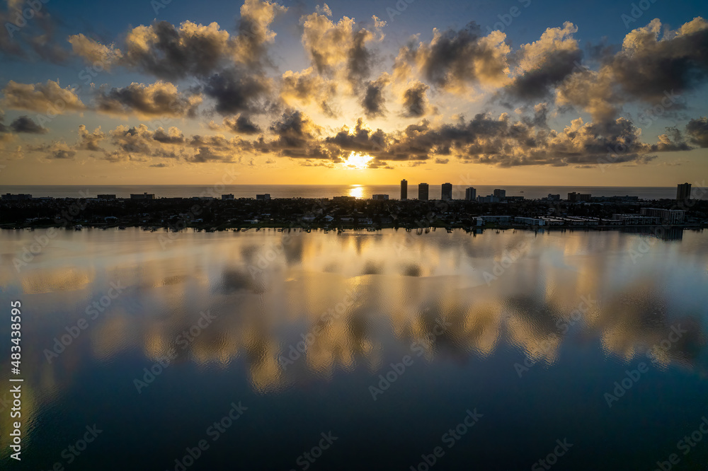 Aerial drone view of a sunrise over Daytona Beach, Florida