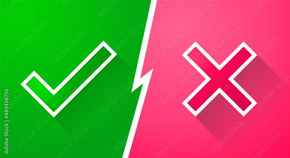 Checkmark vector icons. Green Tick and red x check marks. 3D style on
