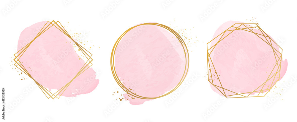 Set of golden frames with watercolor splashes. Watercolor strokes. Pink brush strokes. Vector illustration.  - obrazy, fototapety, plakaty 