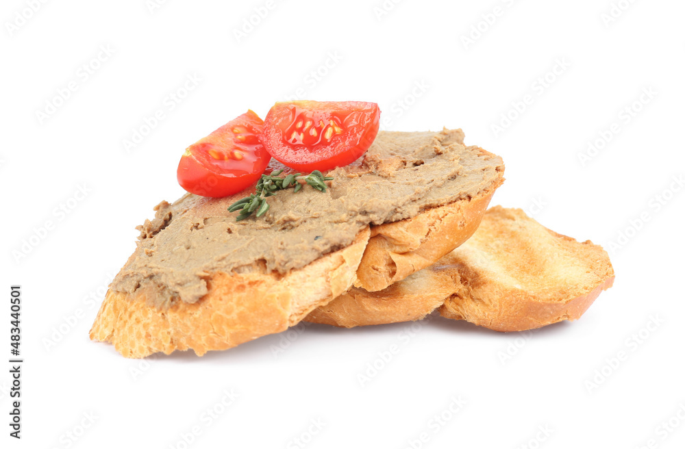 Slices of bread with tasty liver pate and tomato on white background