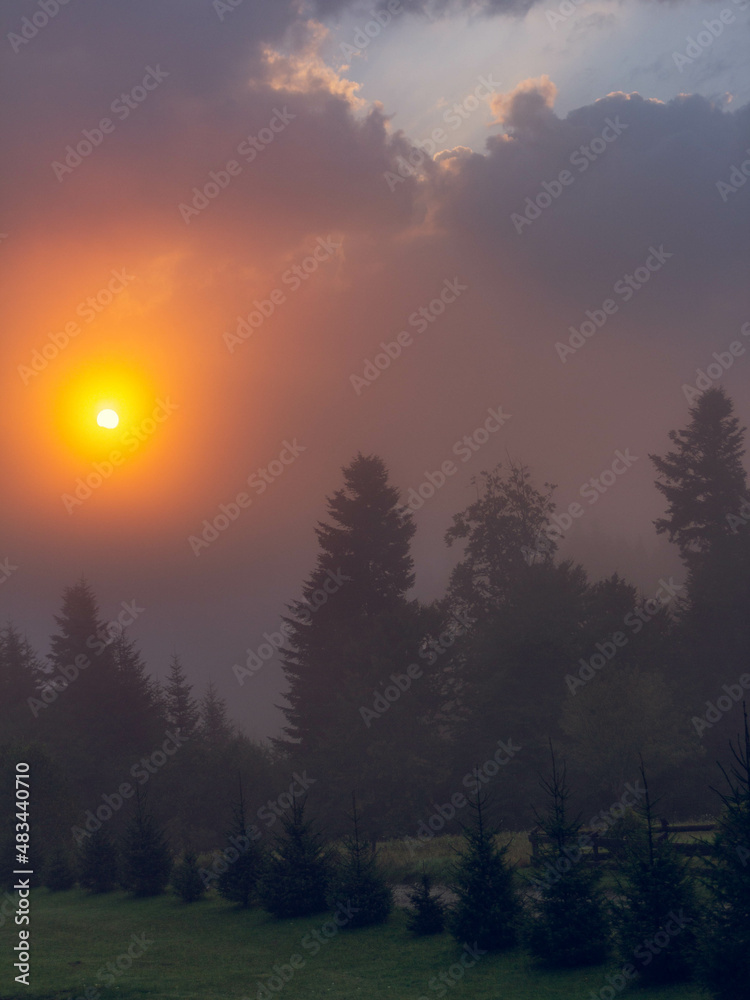 Misty sunrise in the Bieszczady Mountains