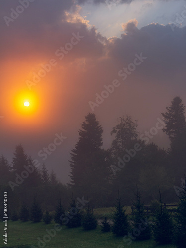 Misty sunrise in the Bieszczady Mountains