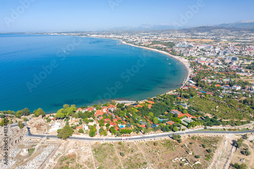 Fototapeta Naklejka Na Ścianę i Meble -  Eastern beach of Side. City of Side. Peninsula. Ruins of the ancient city. Turkey. Shooting from a drone