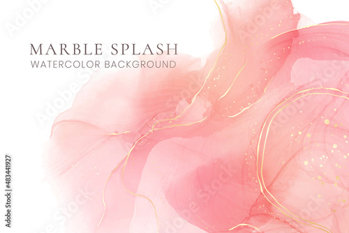Rose pink liquid watercolor background with golden dots. Dusty blush marble alcohol ink drawing effect. Vector illustration design template for wedding invitation, menu, rsvp