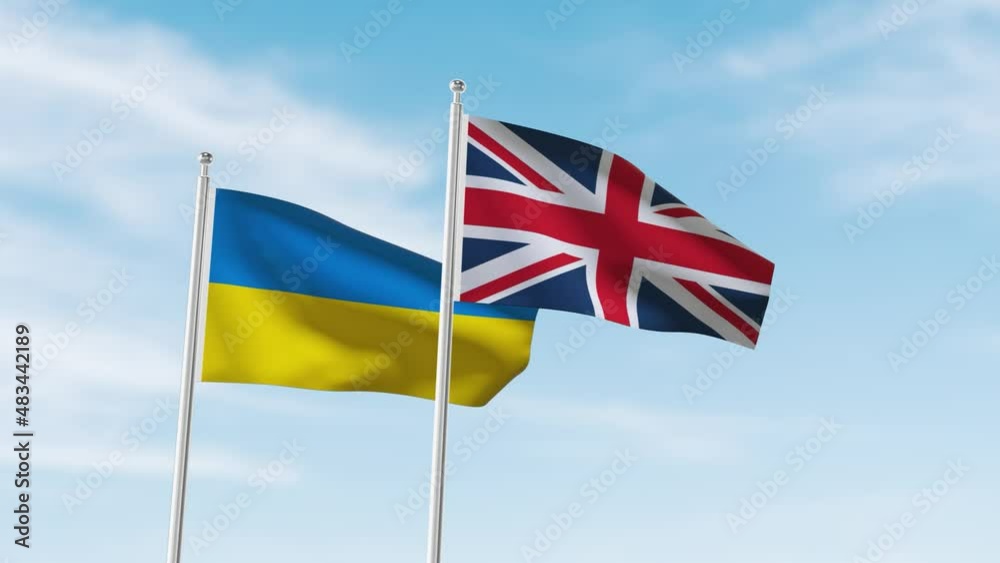 Ukraine flag and United Kingdom flag waving on sky in 4k resolution. matte finish technique. Ukraine flag and United Kingdom flag waving on sky in 4k resolution. matte finish technique.