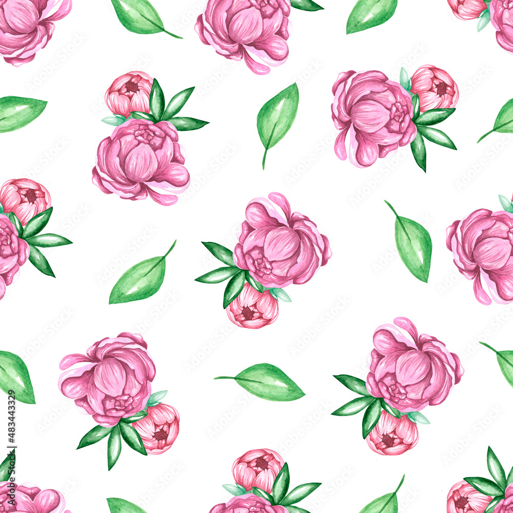 Watercolor seamless pattern garden flowers rose and pionia