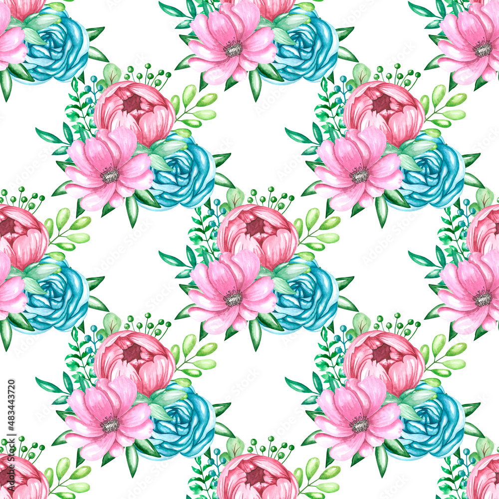 Watercolor seamless pattern garden flowers rose and pionia