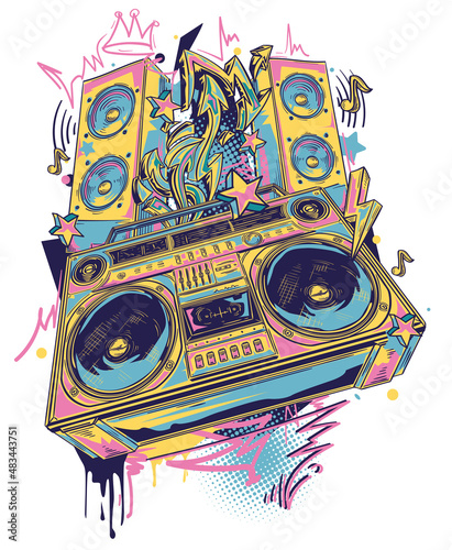 Musical boom box tape recorder and speakers with graffiti arrows, colorful hand drawn music design