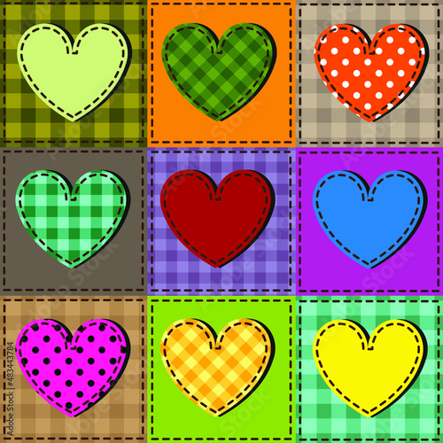 A set of colorful hearts in the patchwork style