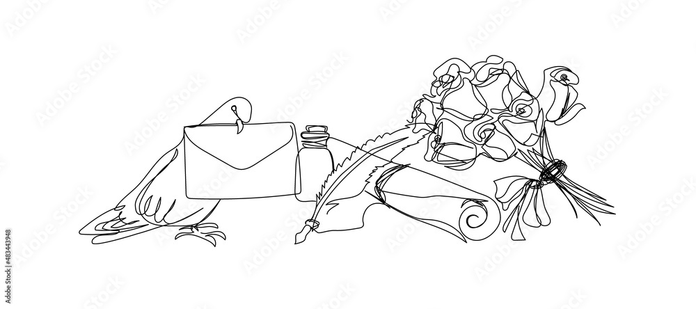 Obraz premium Letter with inkwell, feather, roses and post pigeon continuous line drawing. One line art of letter, bow, romantic, 14 february, heart, relationships, envelope.