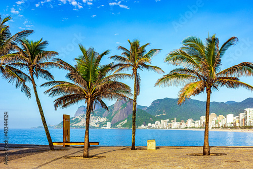Fototapeta Naklejka Na Ścianę i Meble -  View of Ipanema beach in Rio de Janeiro on a summer morning with palm trees, rocks, hills, ocean and buildings