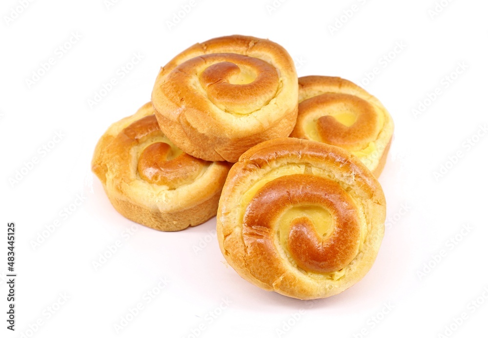 Mini Chinois with custard on a white background. It is a  french sweet, also known as escargot.