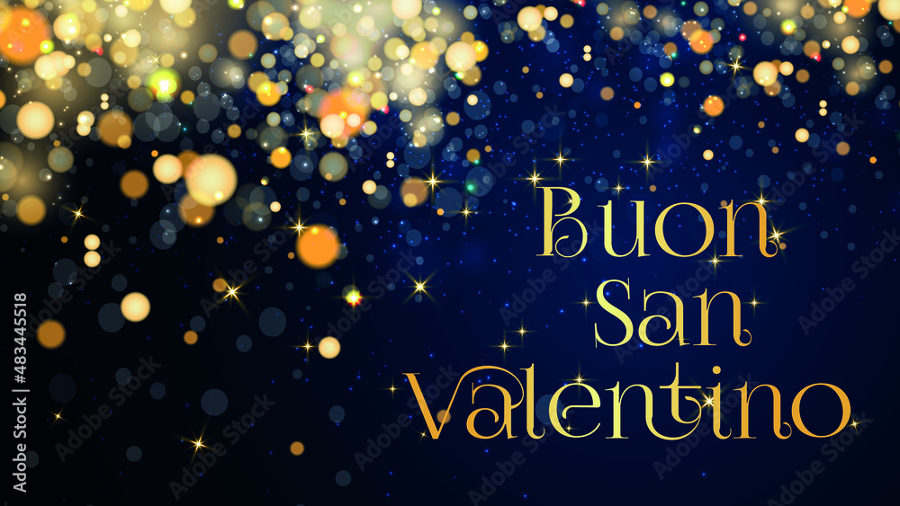 biglietto o striscione per un felice San Valentino in oro su sfondo blu sfumato con cerchi e stelle color oro con effetto bokeh