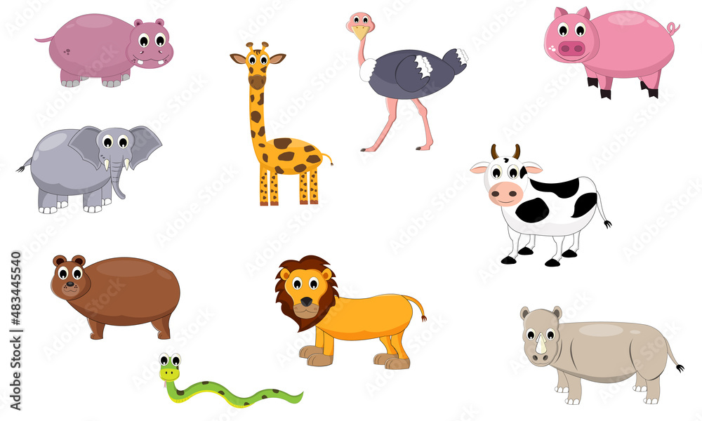 Vector illustration of cute  animals including bear, giraffe, Snake, Lion, Rhino, Pig, Ostrich, Hippopotamous cow, elephant