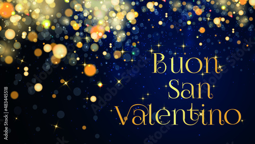biglietto o striscione per un felice San Valentino in oro su sfondo blu sfumato con cerchi e stelle color oro con effetto bokeh