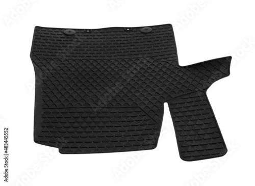 Black rubber car mat isolated on white, top view