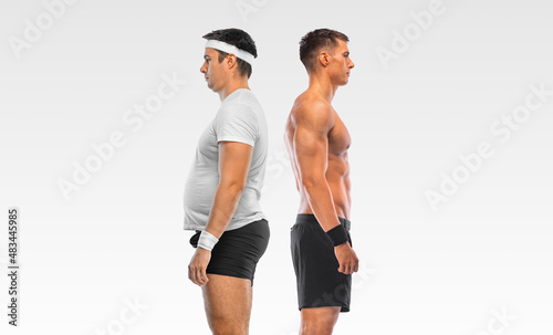 Before and After fitness Transformation. Side view. The man was fat but became athlet. Fat to fit concept.