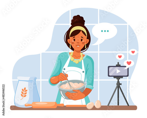 A young woman records a cooking video blog in the kitchen. Cooking video broadcast, channel or blog with an online cooking course. A female chef cooks healthy food at home. Vector illustration