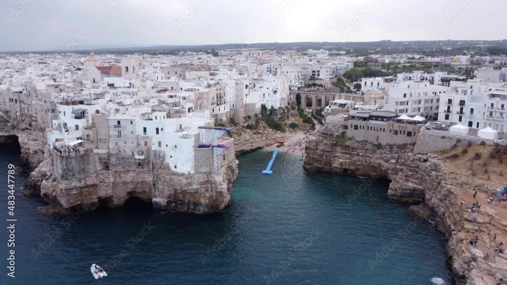 Aerial Pullback, Italian Coastal Town on Sea Cliffs, Polignano a Mare. Aerial Pullback, Italian Coastal Town on Sea Cliffs, Polignano a Mare.