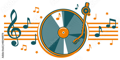 Musical melody - color vinyl  turntable and notes