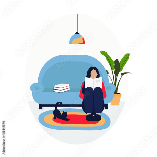 The girl reads a book near the blue sofa. The girl is a lover of books and cats. Time alone. Hobby. Vector illustration.