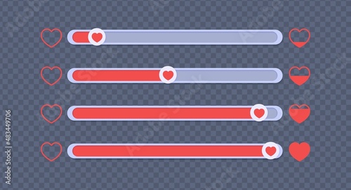 A set of sliders for determining the level of approval. Collection of movable buttons with red hearts, appreciating lively like. Element template for head on social media, mobile app, feedback swipe.