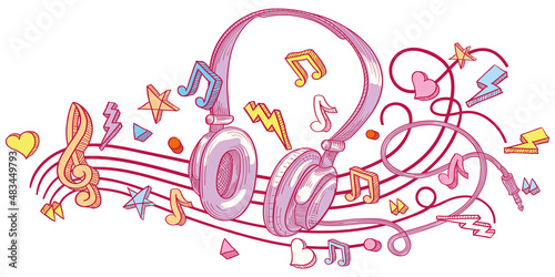 Music design - hand drawn musical headphones with clef and notes
