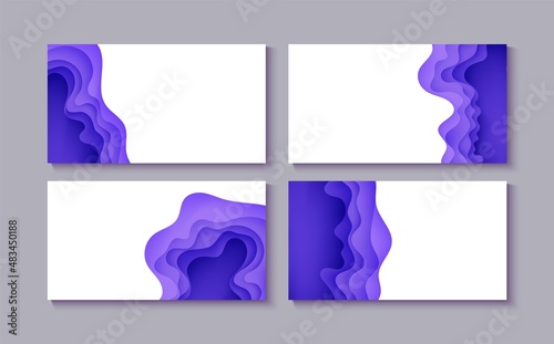 Set of abstract backgrounds in paper cut style. 3d flyer collection purple and white colors waves with smooth shadow. Vector illustration with layered curved line shape rectangular composition © A_Y_N
