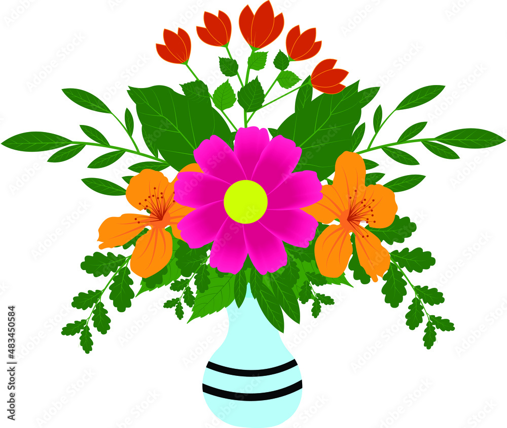 Bouquet of flowers made of orhidea, lilias and nutans in vase on white background - obrazy, fototapety, plakaty 
