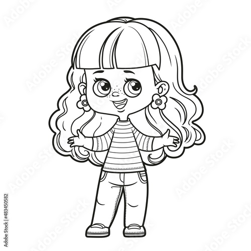 Cute cartoon girl with wavy hair stands with her arms outstretched outlined for coloring page on white background