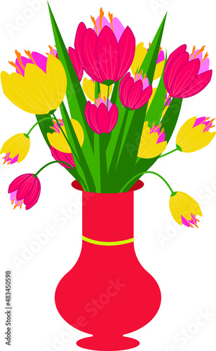 Bouquet of coral tulip flowers in a vase isolated on white background