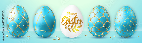 Holiday Easter background. Set of blue easter eggs. Faberge egg. Greeting card or poster. Vector illustration