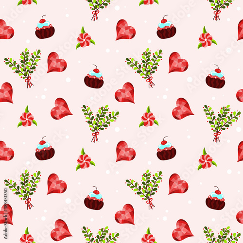 Valentines Day pattern with heart cake flower