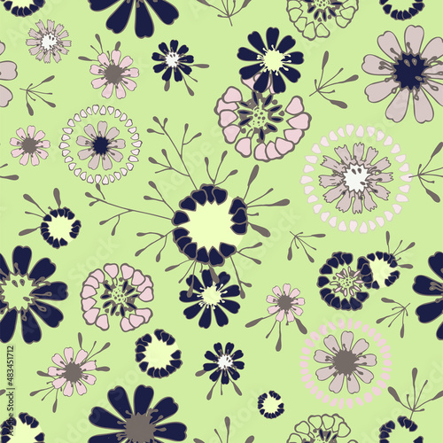 A repeating pattern. Seamless flower ornament. Doodle floral drawing. Handmade graphics. Bedding green and pink shades. For a wedding and Valentines day.Printing on wallpaper and packaging.