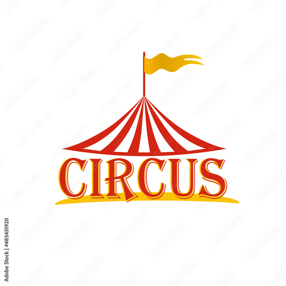 Circus red and white striped tent with a flag on top of the dome for ...