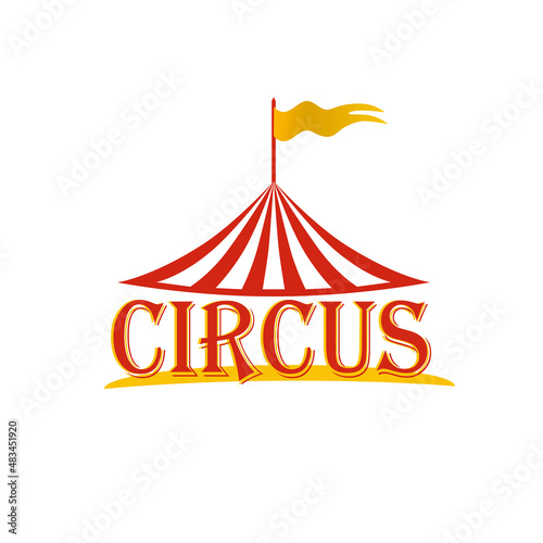 Circus red and white striped tent with a flag on top of the dome for carnival or entertainment design. Circus tent logo, icon. Vector illustration isolated on white background