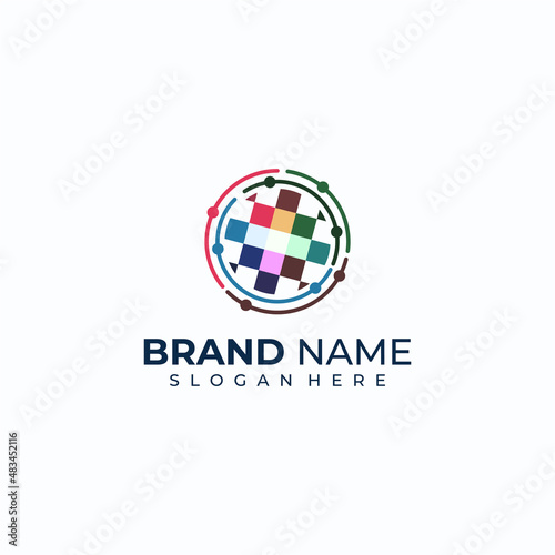 Modern Data connection and pixel logo design concept. pixel data logo design template with business card