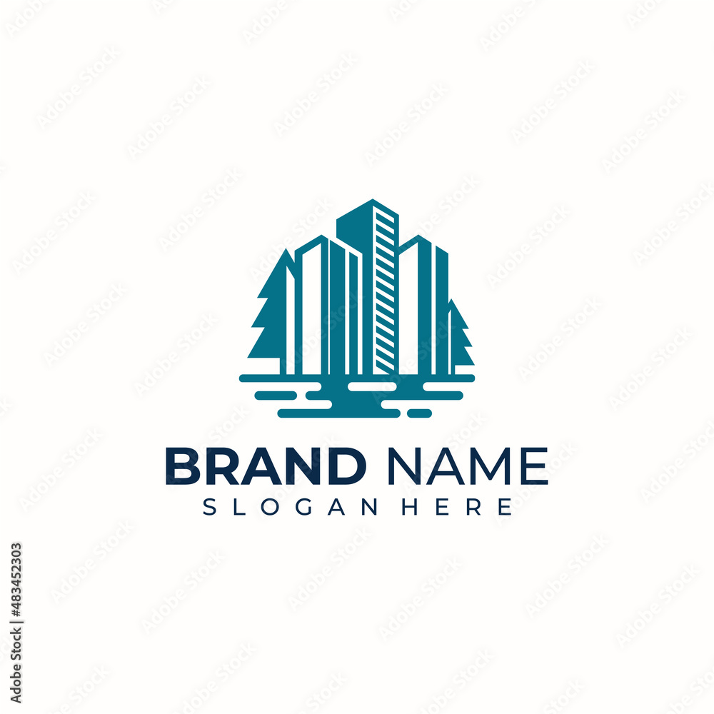 Fototapeta premium Green city logo your business card, icon, health, place, building, Premium Vector with business card