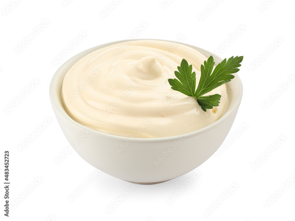 Bowl of tasty mayonnaise with parsley isolated on white Bowl of tasty mayonnaise with parsley isolated on white