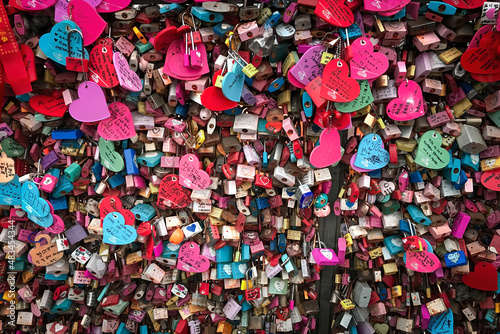 Love padlocks and master key locks near N Seoul Tower at Namsan Mountain Park, Seoul.